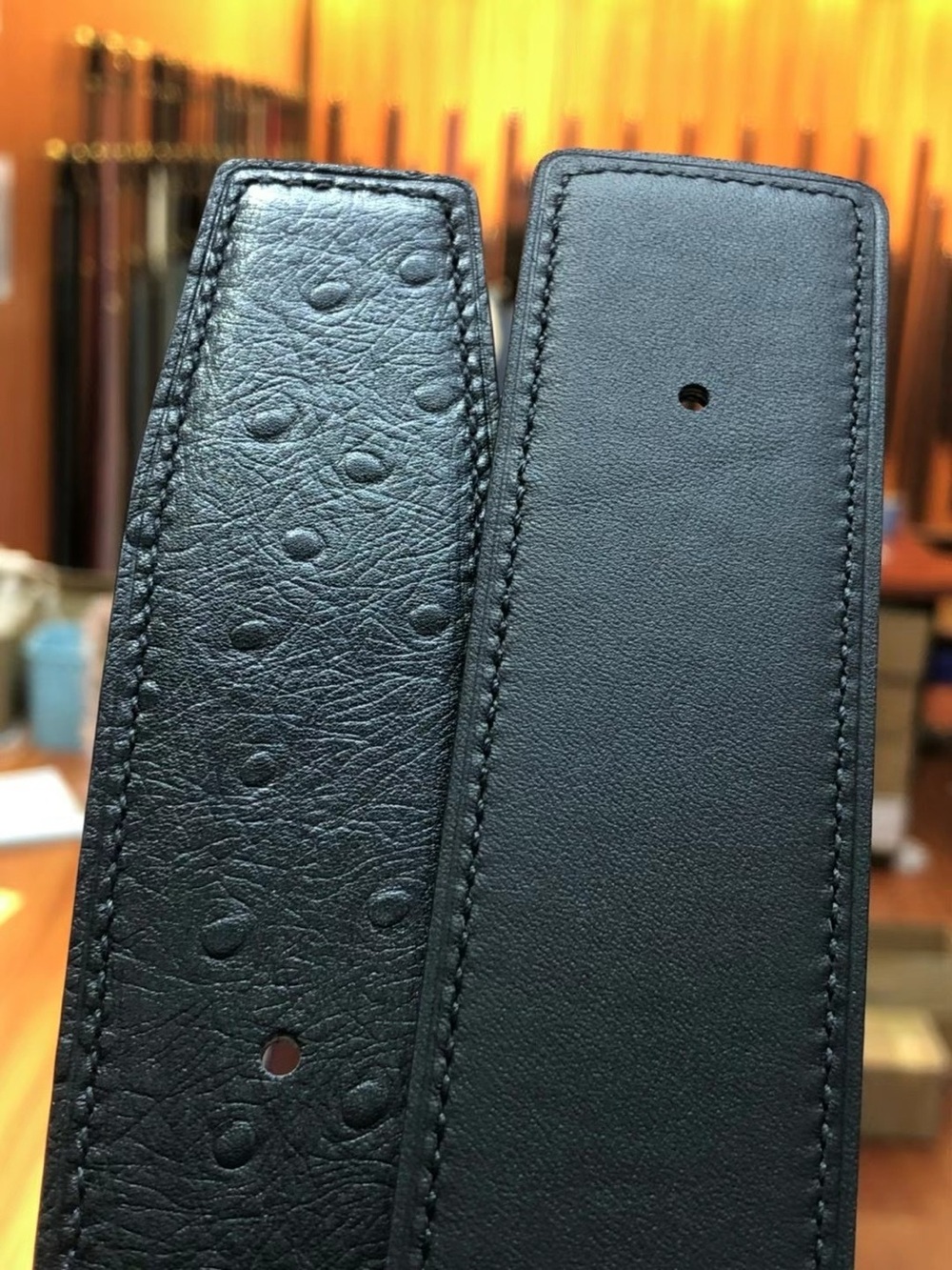 Black Ostrich-Embossed Leather Belt StrapS Hermes belt made of ostrich skin